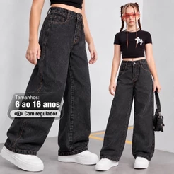Calça Jeans Wide Leg Infantil Feminina Grafite Cintura Alta com Regulador Interno 6 a 16 Anos