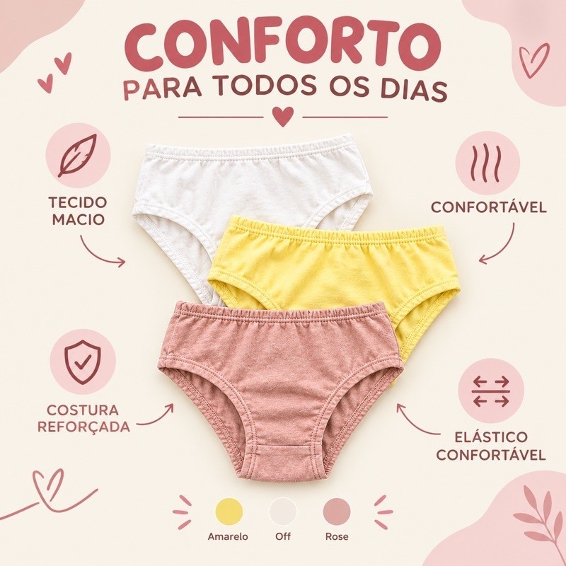 KIT  6 CALCINHAS INFANTIS MENINA 100% ALGODÃO CONFORTÁVEL ROUPA ÍNTIMA INFANTIL BÁSICA CALCINHA MENINA 2 A 10 ANOS