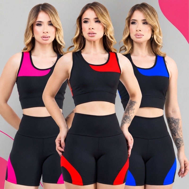 Conjunto de Academia Feminino Top Nadador e Short Alta Compressão Cintura Modeladora