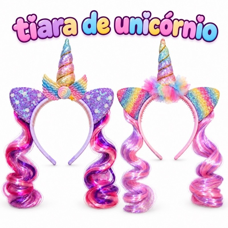Tiara Unicórnio Infantil com Mechas Coloridas Glitter Fantasia para Festa Presente Menina