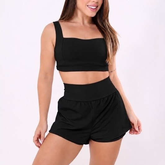 Conjunto Fitness Feminino Top + Short Duplo Suplex Premium Zero Transparência – Cintura Alta e Modelador, academia,