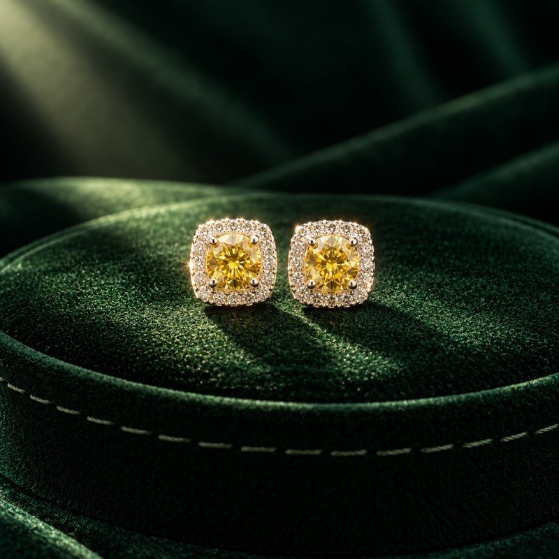 Brinco Moissanite Cravejado 5mm Amarelo em Prata 925