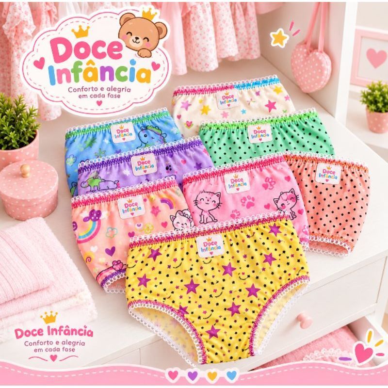 Kit 10 Calcinhas Infantis Menina Algodão Confortável Tamanhos 1 a 6
