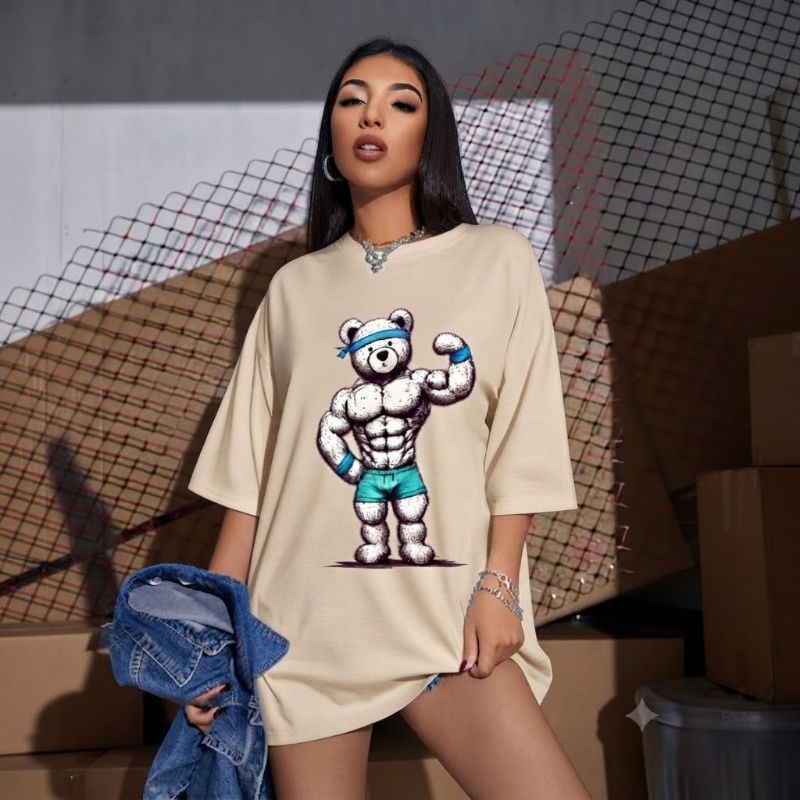 Camiseta Oversized Feminina Urso Maromba Academia,Estampa 100%Algodão Premium Streetwear envio imediato