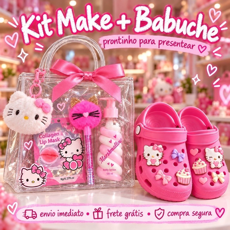 Kit Presente Infantil Menina Make Com Babuche Sacolinha Gloss Máscara Labial Chaveiro Fofo