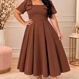 vestido marrom alfaiataria moda maior Pluz slin look vestido princesa casual igreja congresso modesta