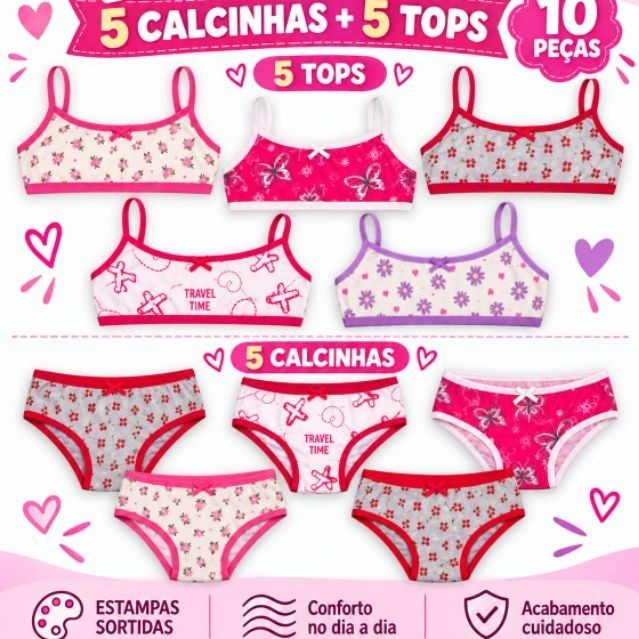 kit com 5 calcinhas e 5 tops infantis feminino forro 100% algodão . Confortável tecido Suede estampas variadas