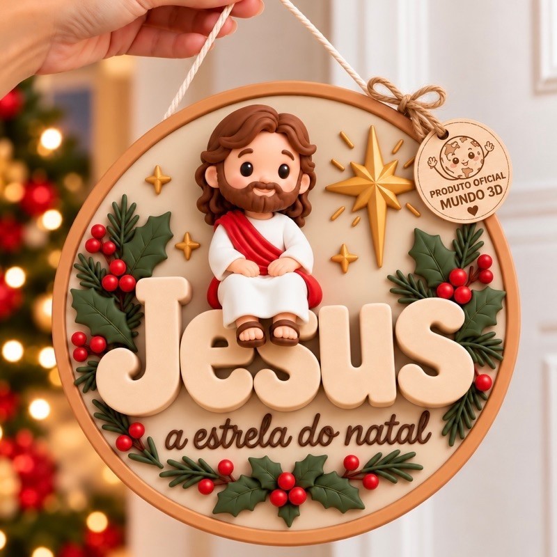 Guirlanda Decoração de Natal MDF Mini Jesus Efeito 3D Enfeite de Natal Plaquinha Decorativa Natalina Pendurar Porta m