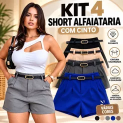 Kit 4 shorts alfaiataria com cinto zíper lateral feminino estilo social
