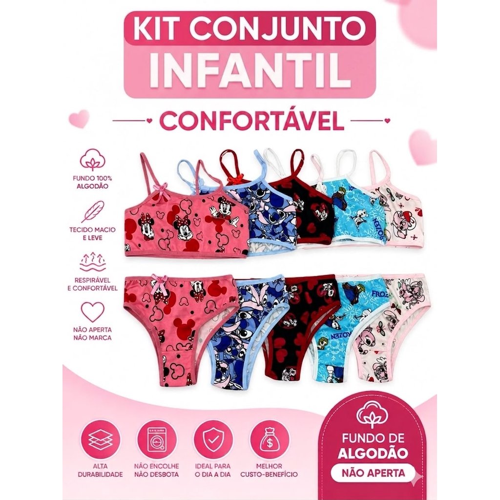 Kit Calcinha e Top Infantil Menina Algodão Macio Confortável Não Marca 1, 3 ou 5 conjuntos
