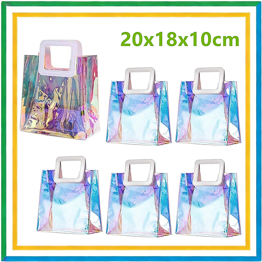 5-20 sacos de presente pequenos holográficos sacos de presente de plástico com alças, presentes de festa de presentes de