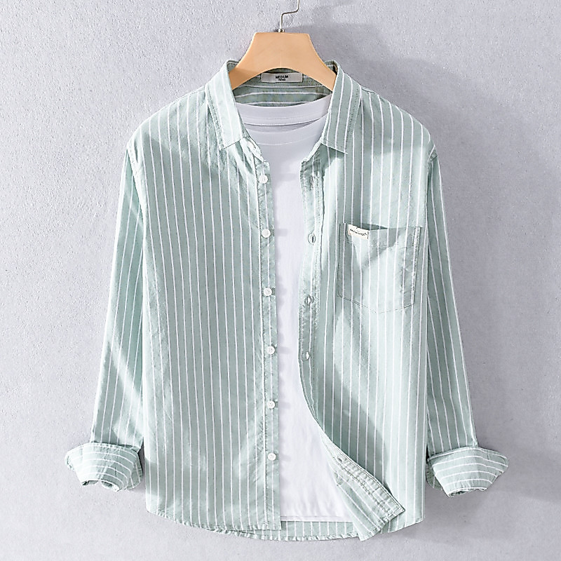 Renben camisa listrada masculina de manga comprida casual simples Popular trabalho literário casual juventude algodão ca