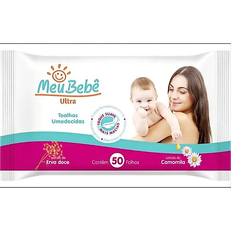 Toalhas Umedecidas Meu Bebê Ultra Kit com 1 Pacote 50 Folhas Camomila e Erva-Doce