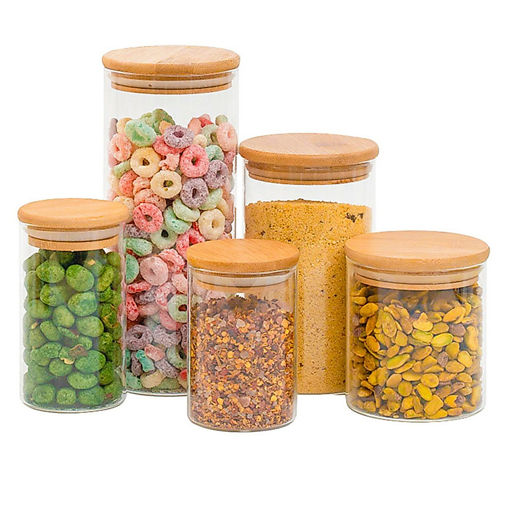 Kit 5 potes de vidro com tampa de bambu herméticos redondos - Tüd