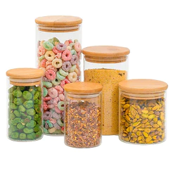 Kit 5 potes de vidro com tampa de bambu herméticos redondos - Tüd
