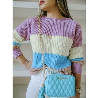Blusa Tricot Feminina com Manga longa Colorida Listrda Moda Blogueira Lnverno