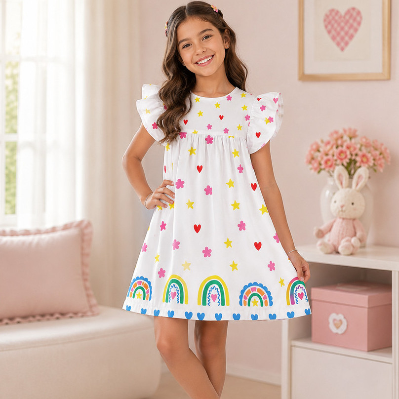 Vestido Infantil Menina Casual Manga Curta Babado Estampado Confortável