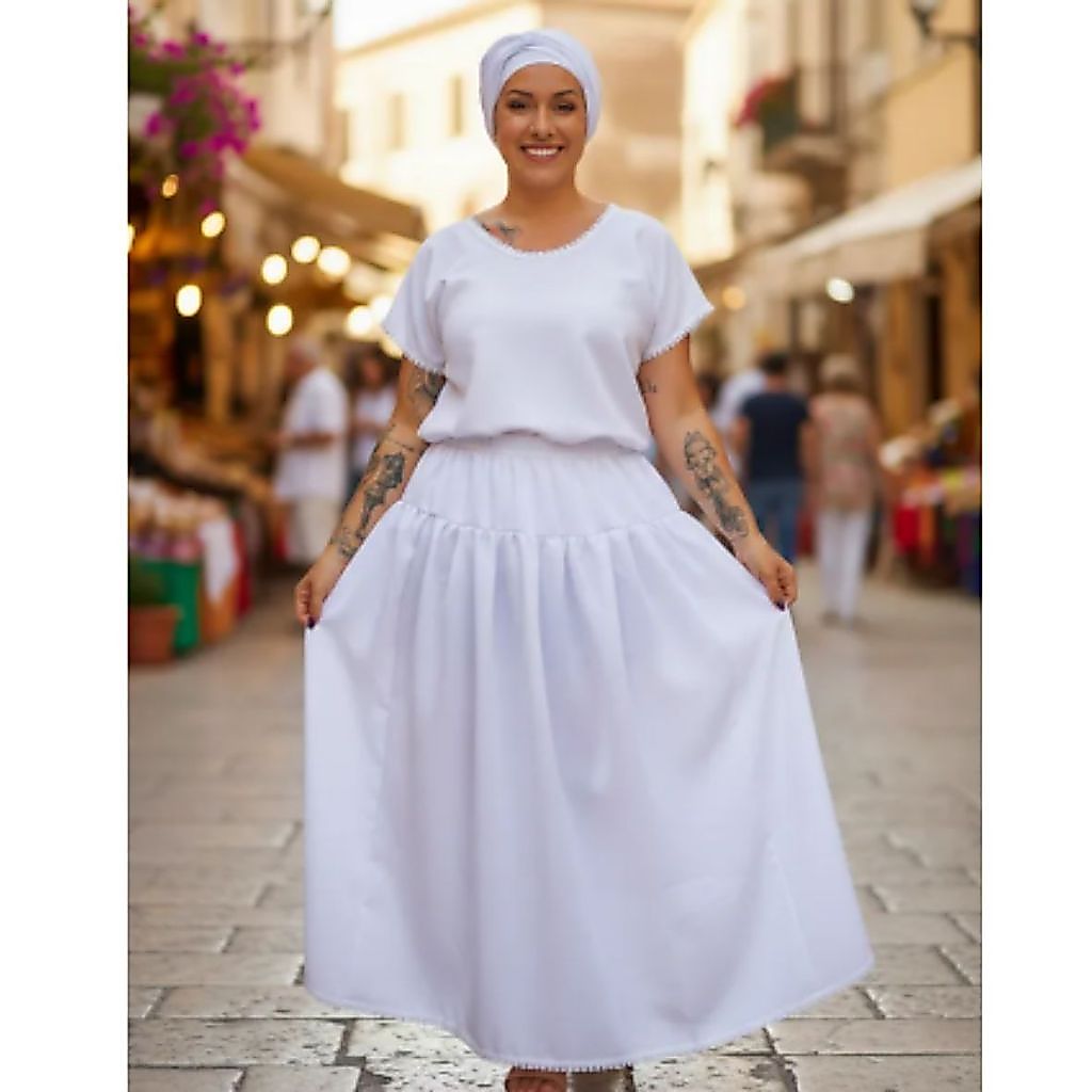 Roupa Ração Com Pano De Cabeça Oxford Feminina Umbanda 3 Pçs