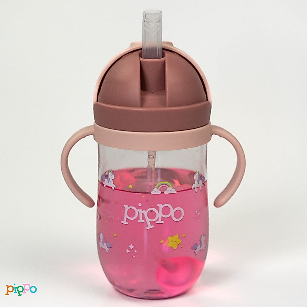 Copo de Treinamento Transição Bebe Infantil 350ml Com Alça E Canudo Antivazamento Para Beber Deitado Sem BPA | Pippo