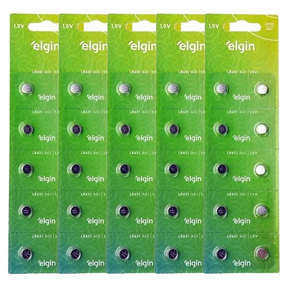 50 Baterias Pilha Alcalina Lr621 1,5v 5 Blisters Elgin