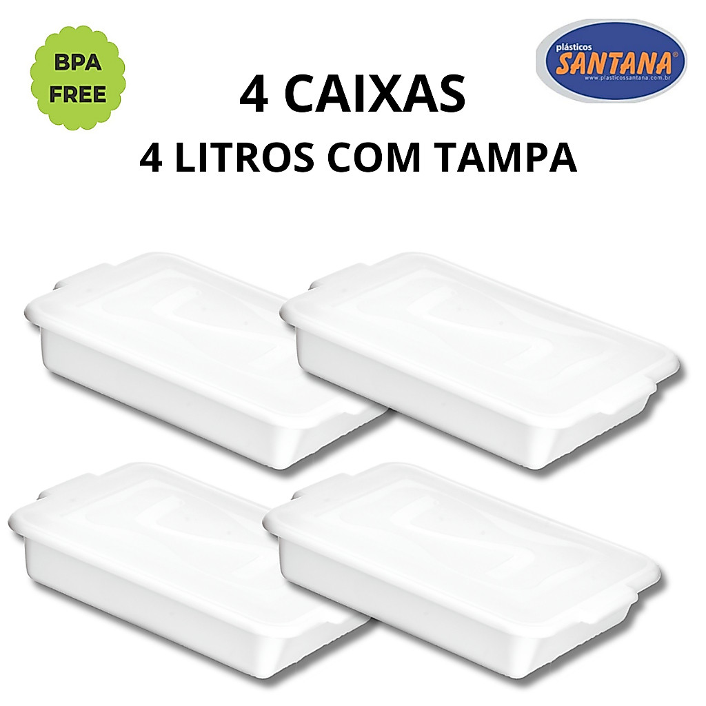 Conjunto 4 Caixas Organizadora de Alimentos 4 Litros c/ Tampa para Restaurante Açougues