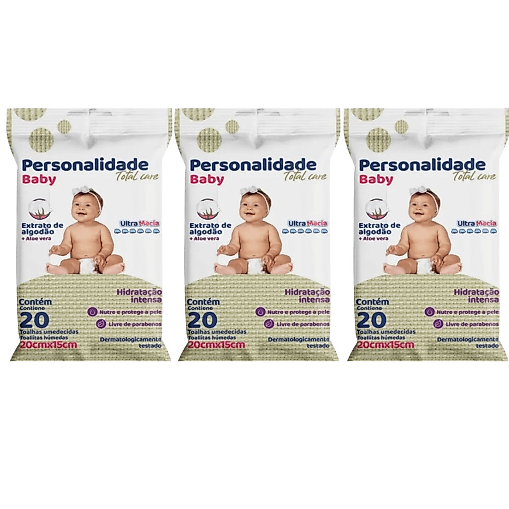 Personalidade Baby Total Care Kit 3 Pacotes Toalhas Umedecidas com 20 Unidades cada