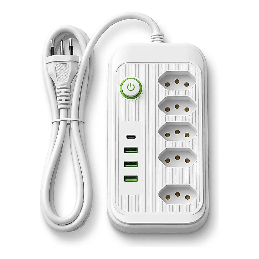 Extensão Elétrica 2m 10A 5 Tomadas 3 USB 1 Tipo-C Universal Bivolt Power 110v/220v - SMILE