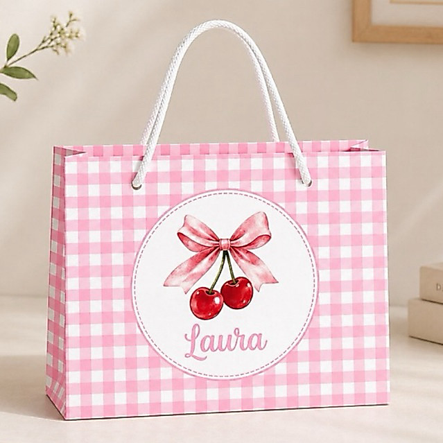 Sacolinha Personalizada Cerejinha Xadrez Rosa com Nome | Pegue e Monte | Lembrancinha Luxo Festa Infantil Menina