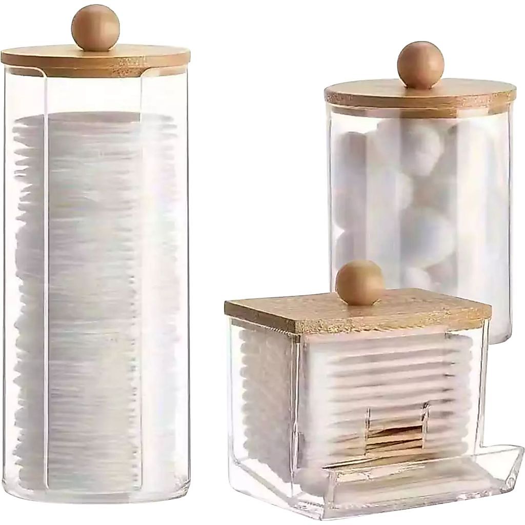 Organizador Algodão E Cotonetes Acrílico Tampa Bambu Kit Utilidades