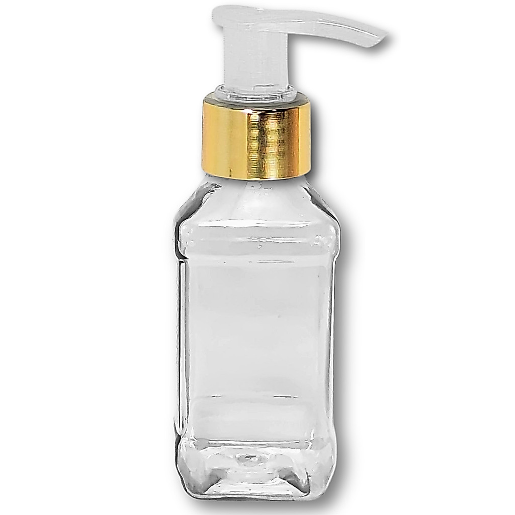 FRASCO 60mL QUADRADO + PUMP DOURADA, ALCOOL EM GEL, SABONETE , CREME LEMBRANCINHA - 1 UNI