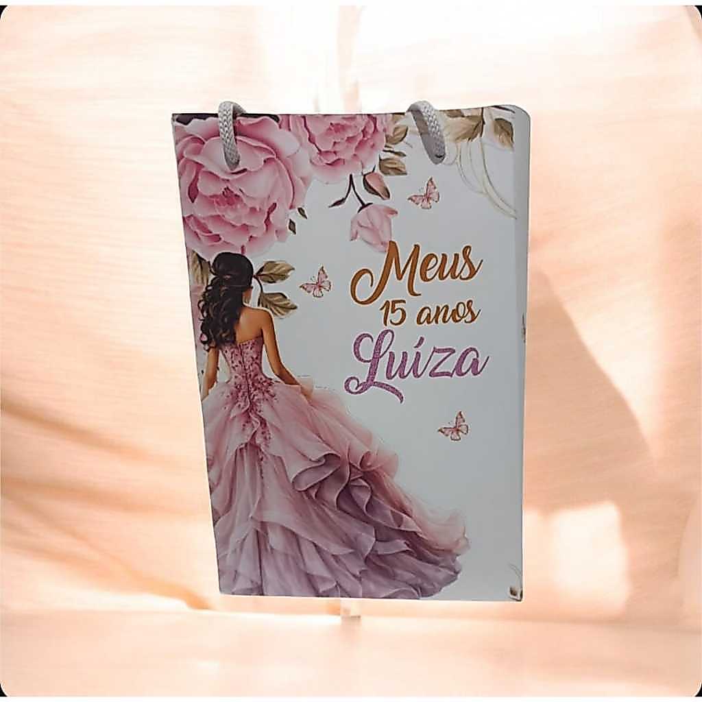 Sacolinha Personalizada com nome e idade (Tamanho M) 15 anos Rosa Gold Debutante Festa Aniversário Lembrancinhas