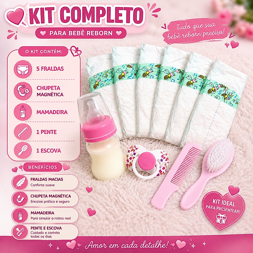 Kit Completo Reborn com 5 Fraldas Para Bonecas + Chupeta com Ímã + Mamadeira Não Vaza