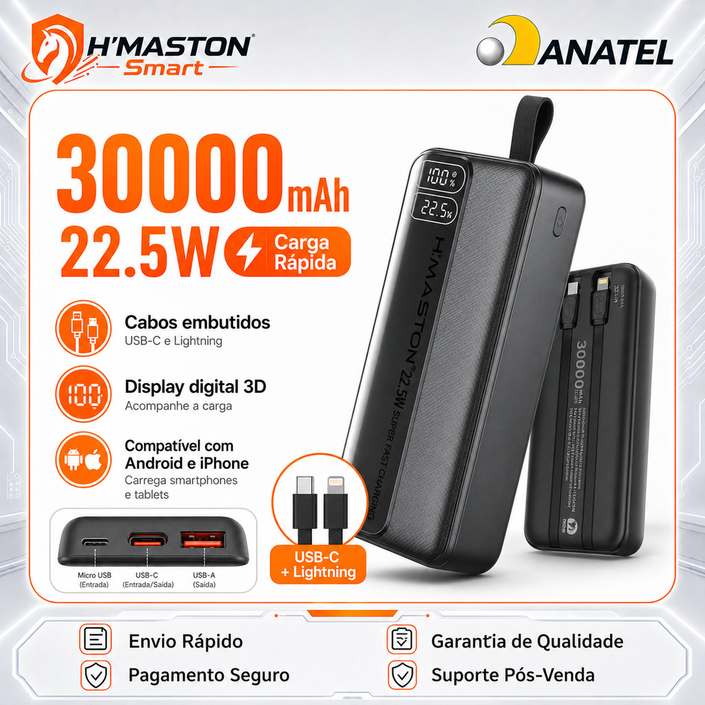 Power Bank Portátil H'MASTON 30000mAh 22.5W Carga Rápida com Cabos Embutidos USB-C e Lightning Display Digital YD34