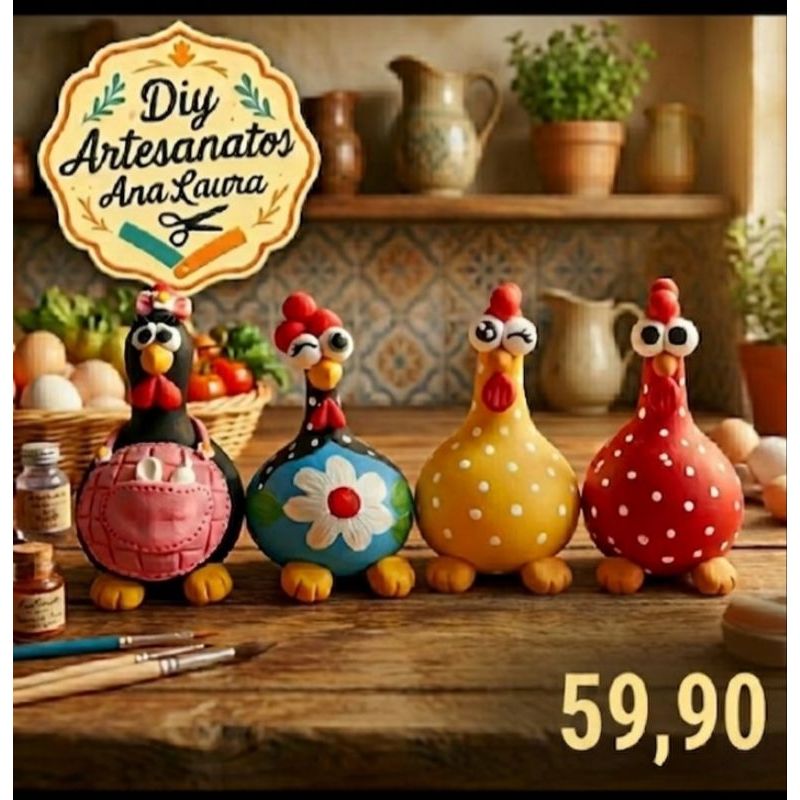 Kit 4 Galinhas De Cabaça E Biscuit Amarela Enfeite Cozinha