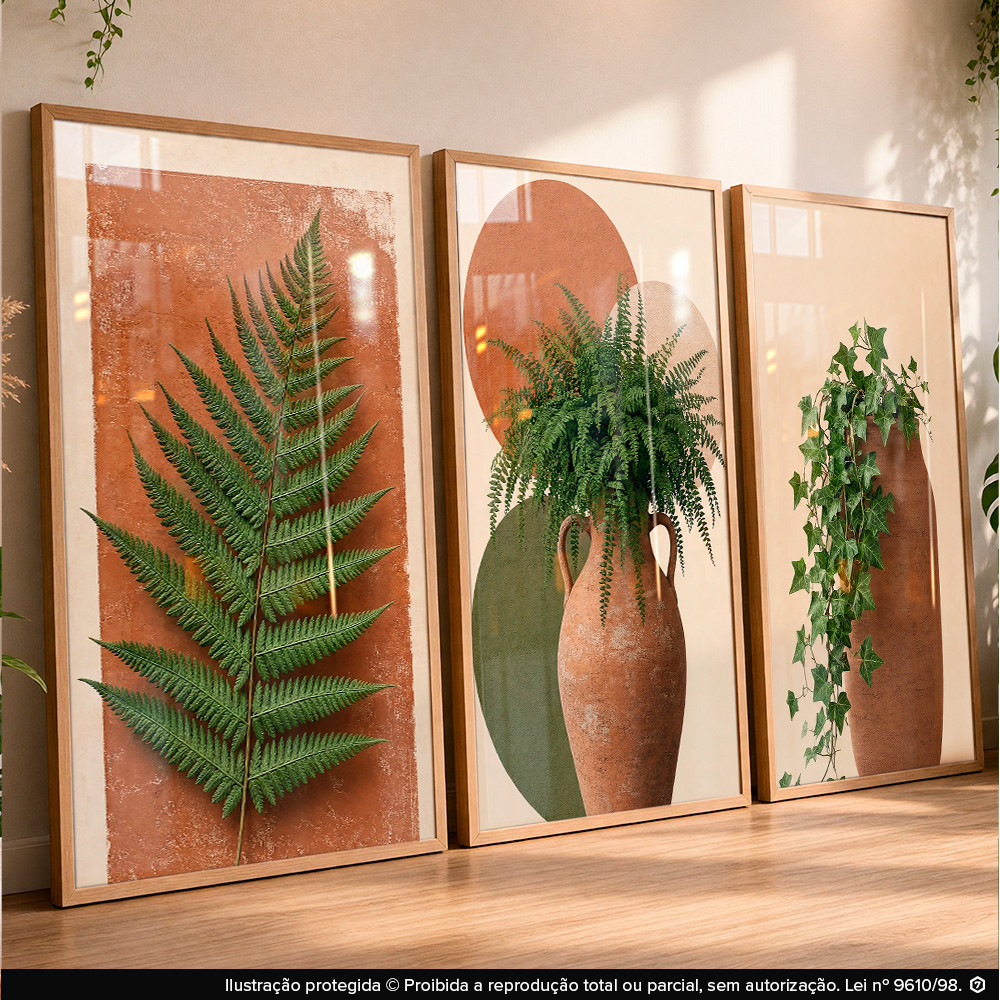 Quadros Decorativos Trio Vaso Folhagem Verde Boho Geométrico para Sala Hall