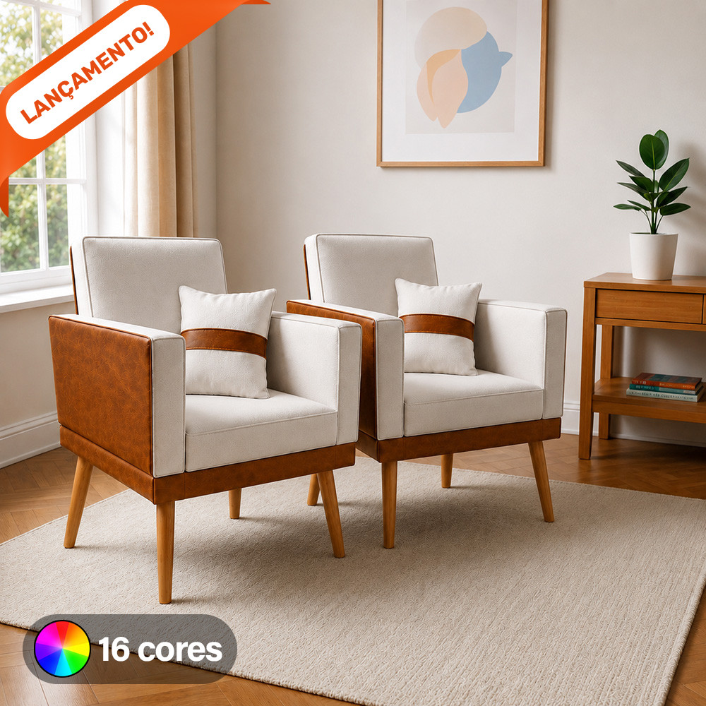 Kit 2 Poltronas para Sala Lis Almofada Corino Peroba e Suede Aninha Poltronas
