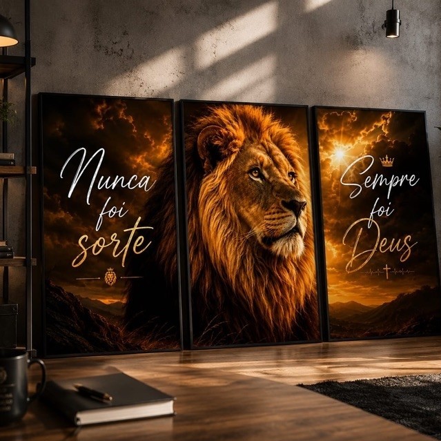 Quadros Decorativos Leão Religioso Frase Nunca Foi Sorte Sempre Foi Deus 3 Peças Decoração Sala Quarto Escritório