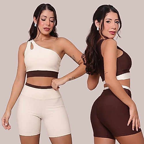 Kit 2 Conjuntos Fitness Feminino Top e Short Academia Bicolor