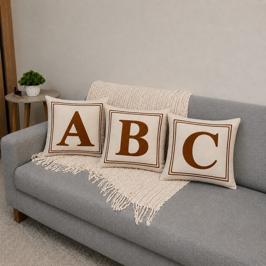 Capa de Almofada Inicial Letra A-Z em Linho Bordado Tecido Alta Qualidade Tamanho 45cm x 45cm