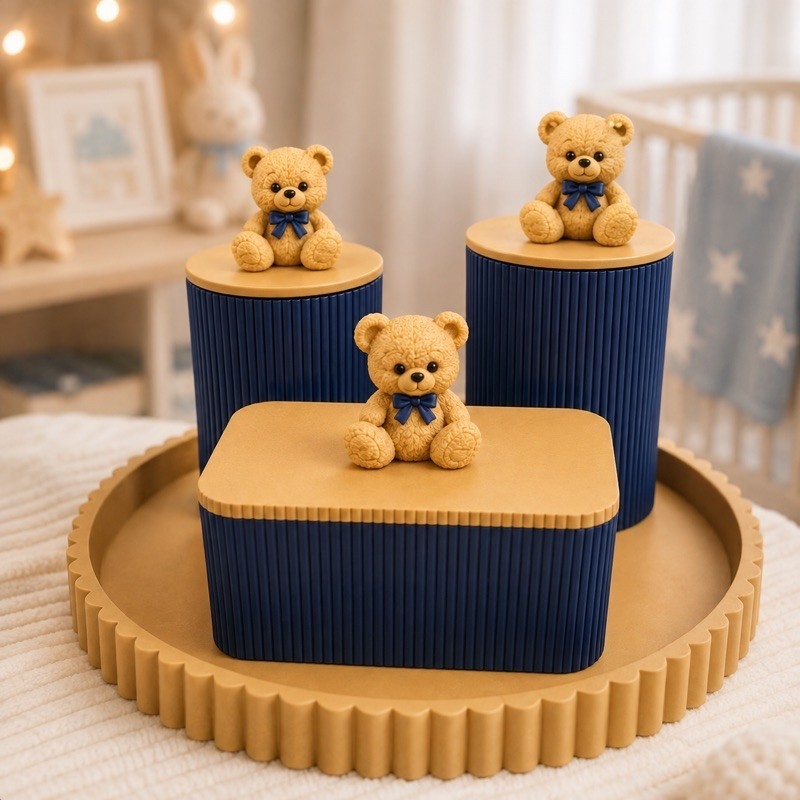 Kit Higiene Bebê  Personalizado | Porta Algodão, Porta Cotonete e Bandeja | Ursinho | Decoração Quarto Infantil