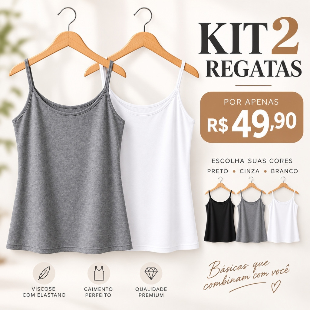 Kit 2 Regatas Femininas Alcinha Viscose Premium com Elastano Básica P ao GG