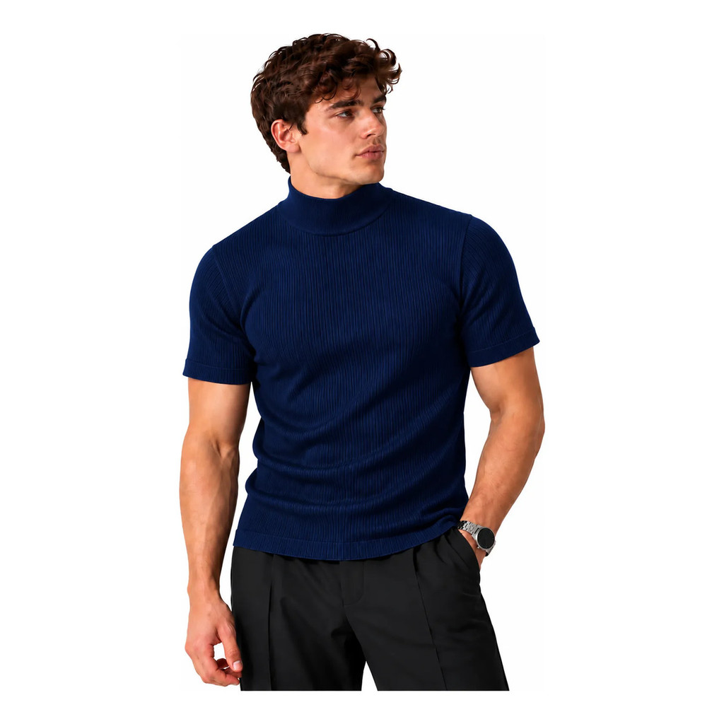Camiseta Masculina Canelada Gola Alta Manga Curta Slim