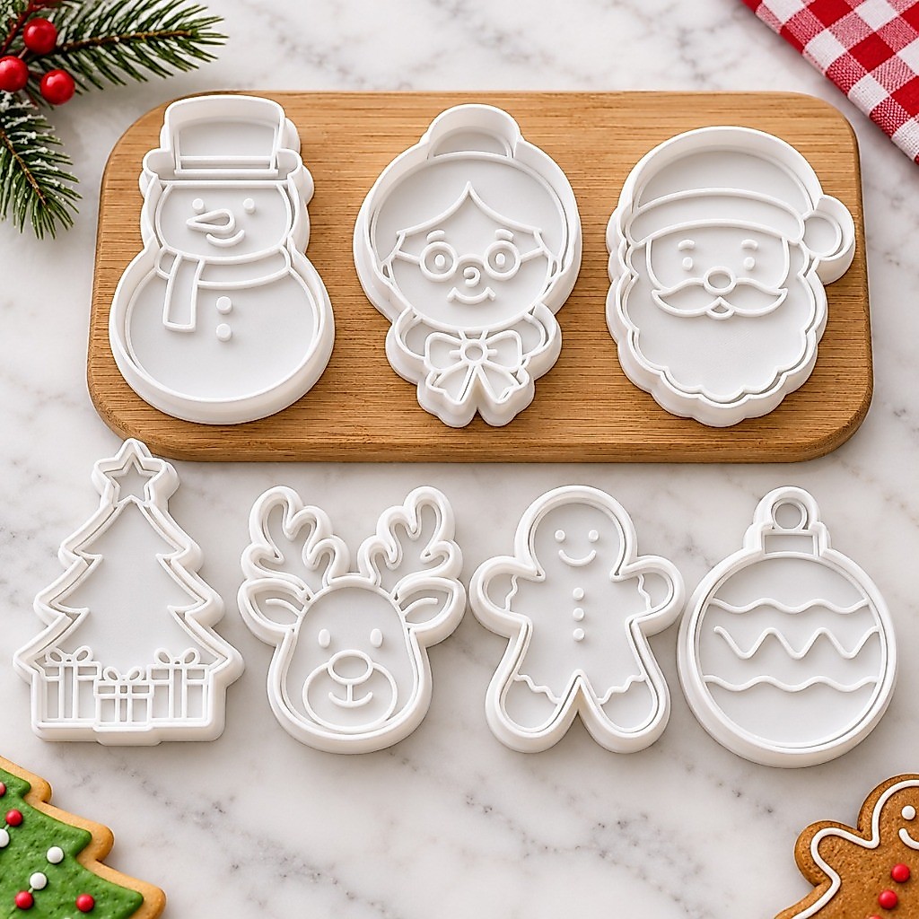 Kit 7 Cortador de Biscoito Natalino com Marcador Carimbo para Massa Cookie Confeitaria Natal