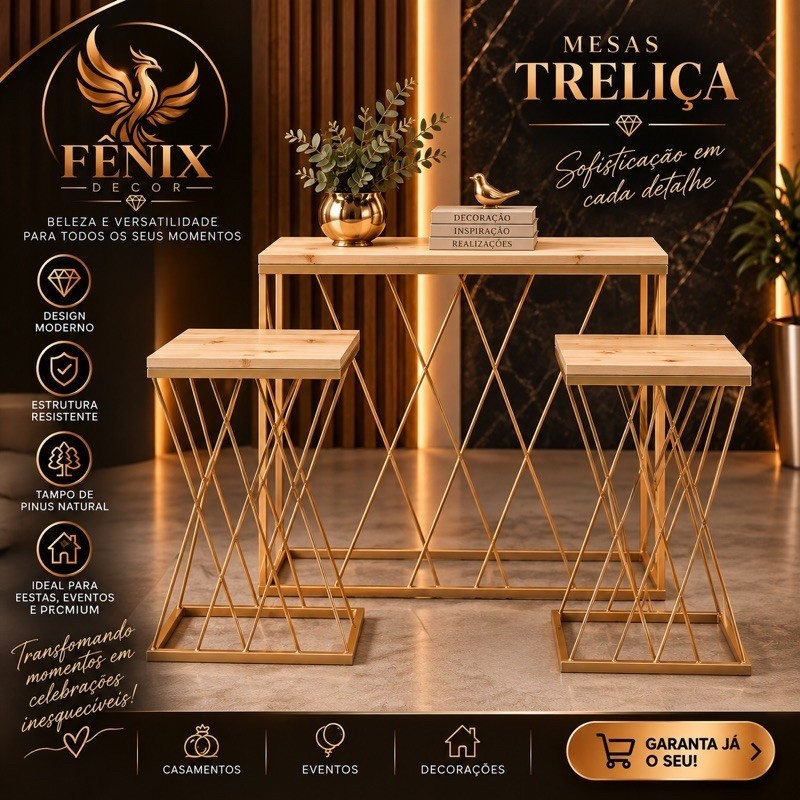 Kit De Mesa Treliça Dourada 1 G e 2 P Com 3 Peças Decoração Festa