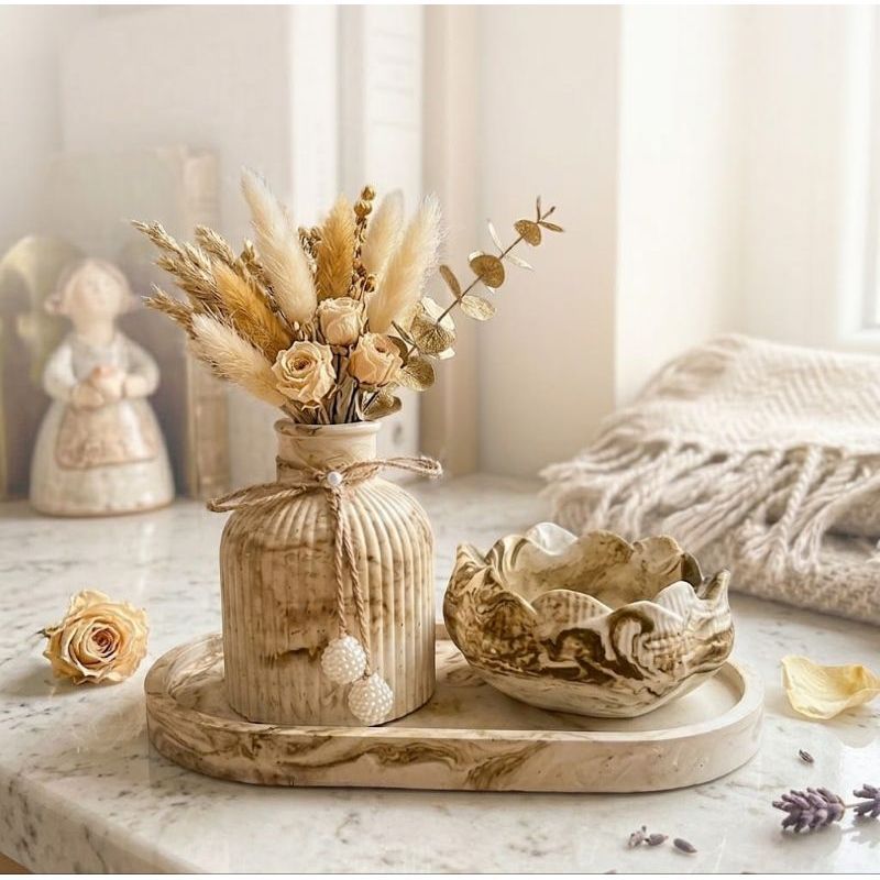 Kit Decorativo Bandeja Oval Jarro Vasinho porta treco porta velas Gesso Enfeite Mesa Sala Boho presente.