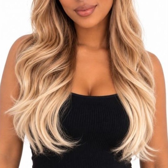 Peruca Lace Orgânica Ondulada C/ Franja 60cm Ombre Loiro