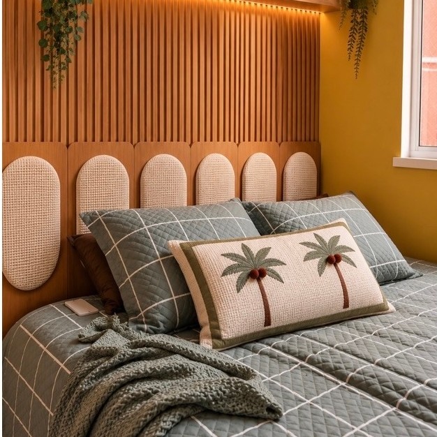 Kit Placa 50cm Cabeceira Cama Box Modulada Adesiva Estofada Palhinha Talagarça Boho Novidade Pacová