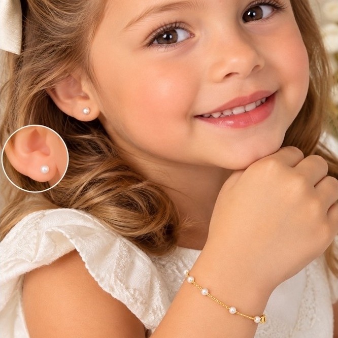 Brinco Infantil Kit 2 Peças Pulseira Ajustavel e Brinco Pérolas Menina Banhado a ouro 18k
