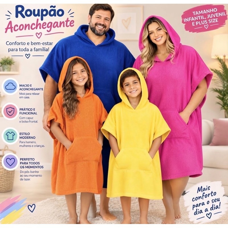 Poncho Atoalhado Aconchego Infantil, Juvenil, Único e Plus Size