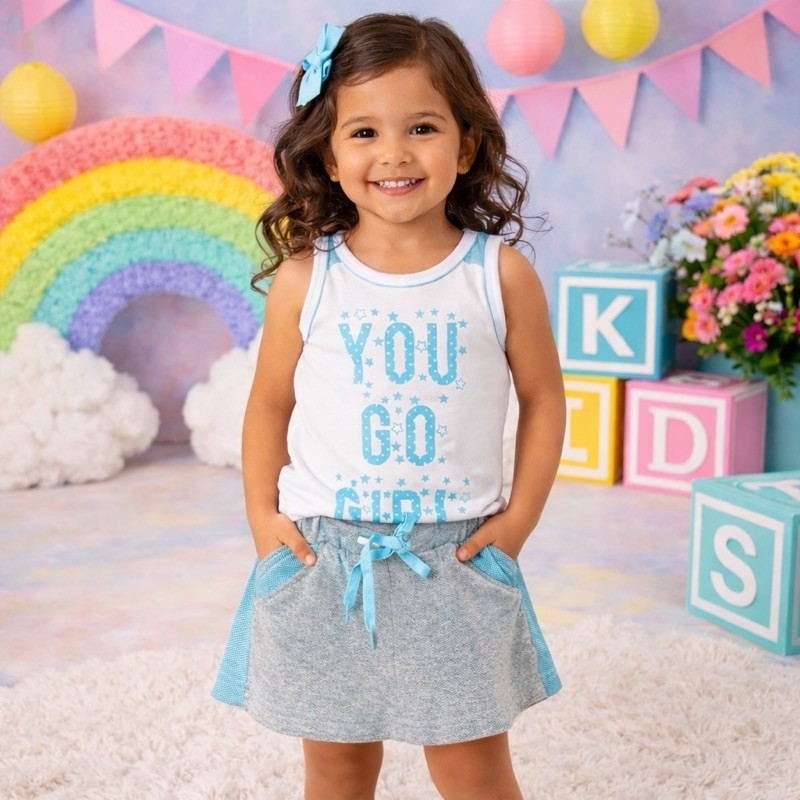 Conjunto Infantil Feminino Tamanho 4 Anos - Blusa Regata e Saia/Shorts Macio e Confortável